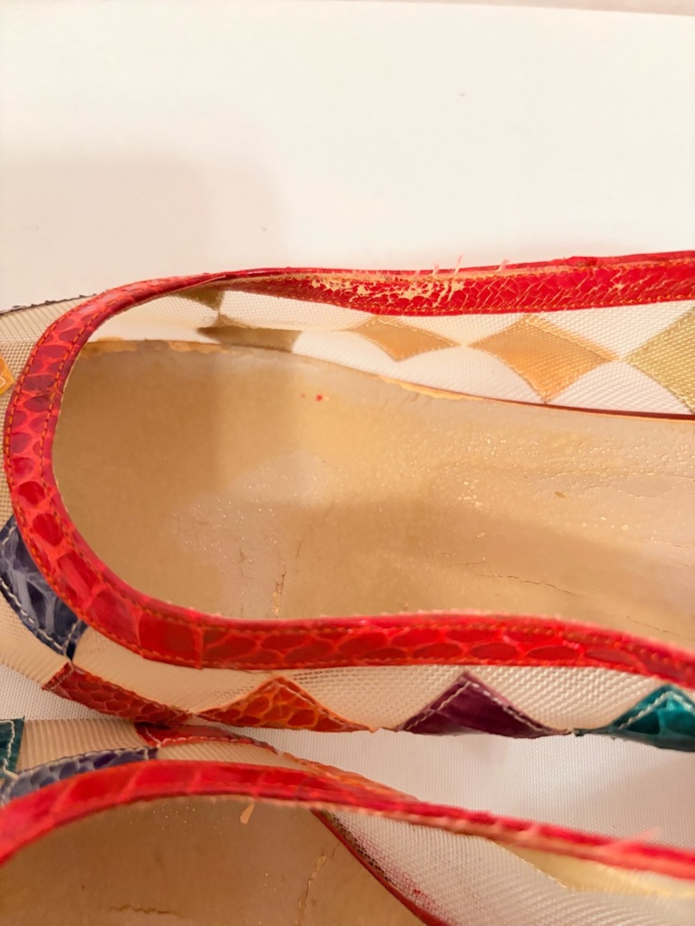 Multicolor Patchwork Pointed Toe Flats with Red Trim - Picture 7 of 9